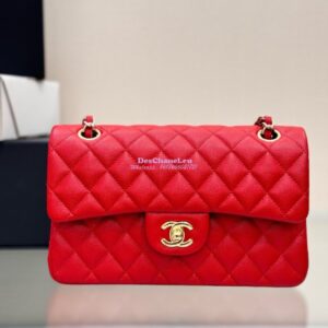 Replica Chanel Small Classic Double Flap Bag in Light Gold Hardware 23cm Quilted Caviar Red 2