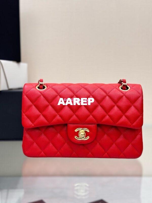 Replica Chanel Small Classic Double Flap Bag in Light Gold Hardware 23cm Quilted Caviar Red 4