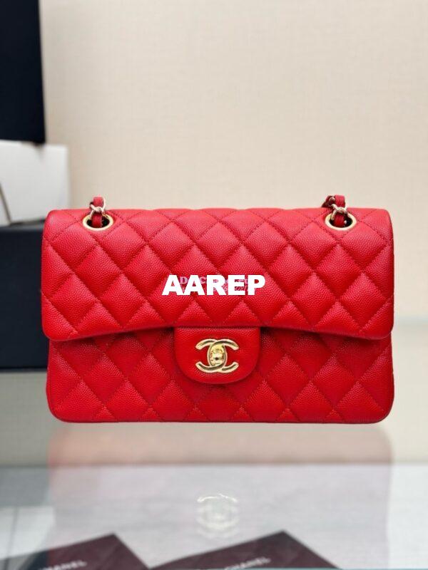 Replica Chanel Small Classic Double Flap Bag in Light Gold Hardware 23cm Quilted Caviar Red 5