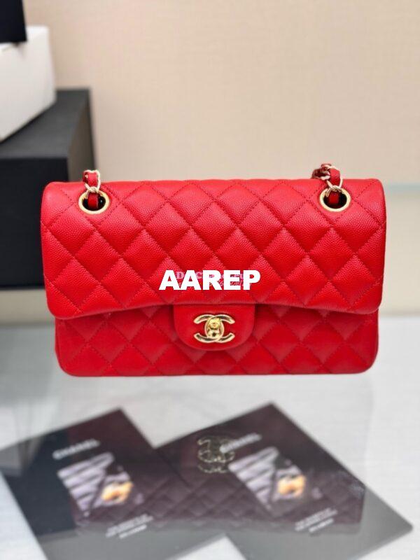 Replica Chanel Small Classic Double Flap Bag in Light Gold Hardware 23cm Quilted Caviar Red 7