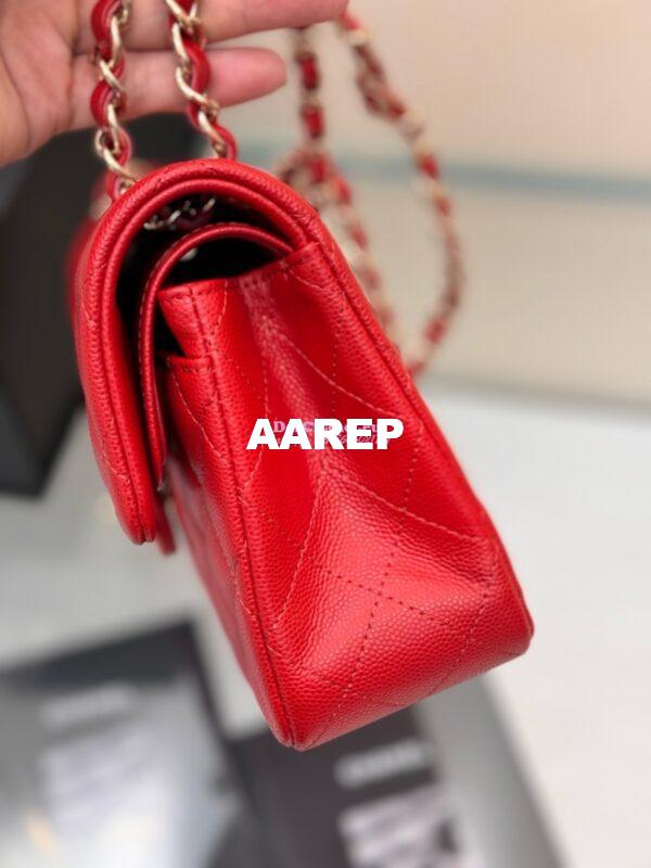 Replica Chanel Small Classic Double Flap Bag in Light Gold Hardware 23cm Quilted Caviar Red 9