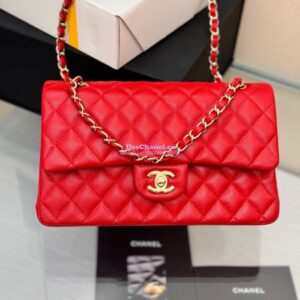 Replica Chanel CF 1112 Classic Flap Bag Qulited Grainy Caviar with Light Gold Hardware in Red 2