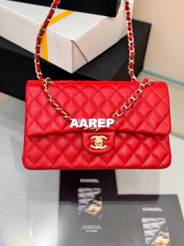 Replica Chanel CF 1112 Classic Flap Bag Qulited Grainy Caviar with Light Gold Hardware in Red 4