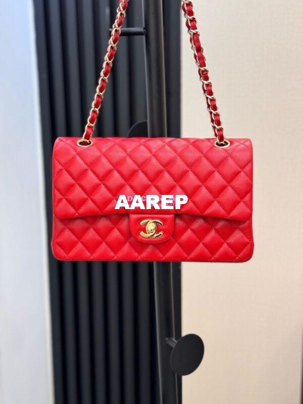 Replica Chanel CF 1112 Classic Flap Bag Qulited Grainy Caviar with Light Gold Hardware in Red 5