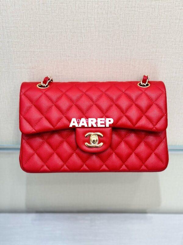 Replica Chanel CF 1112 Classic Flap Bag Qulited Grainy Caviar with Light Gold Hardware in Red 6