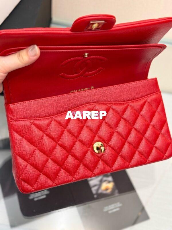 Replica Chanel CF 1112 Classic Flap Bag Qulited Grainy Caviar with Light Gold Hardware in Red 12