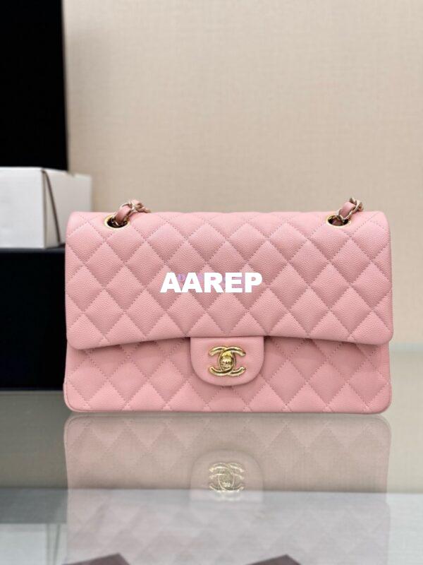 Replica Chanel CF 1112 Classic Flap Bag Qulited Grainy Caviar with Light Gold Hardware in New Sakura Pink 3