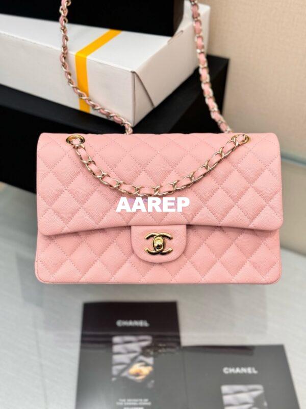 Replica Chanel CF 1112 Classic Flap Bag Qulited Grainy Caviar with Light Gold Hardware in New Sakura Pink 4