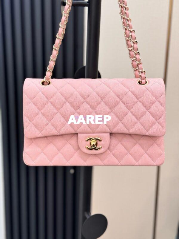 Replica Chanel CF 1112 Classic Flap Bag Qulited Grainy Caviar with Light Gold Hardware in New Sakura Pink 5