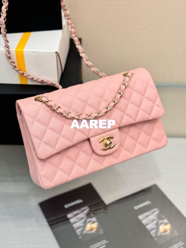 Replica Chanel CF 1112 Classic Flap Bag Qulited Grainy Caviar with Light Gold Hardware in New Sakura Pink 7