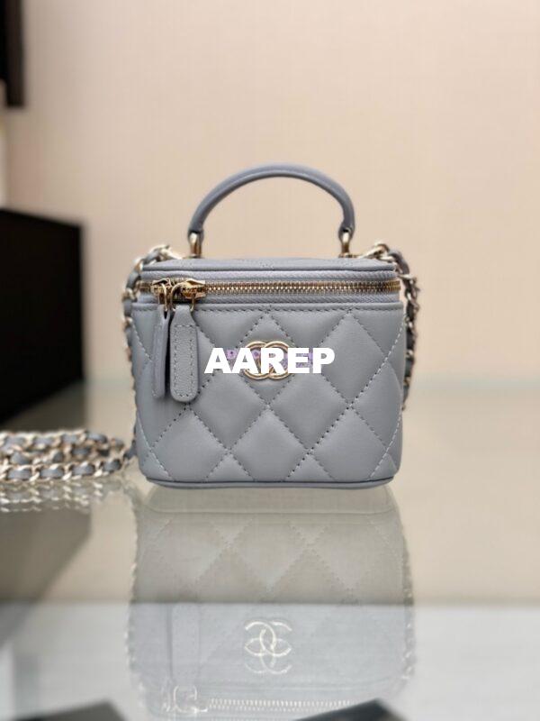 Replica Chanel New 24A SLG Lambskin Small Vanity With Chain and Top Handle Bag AP2198 Light Grey