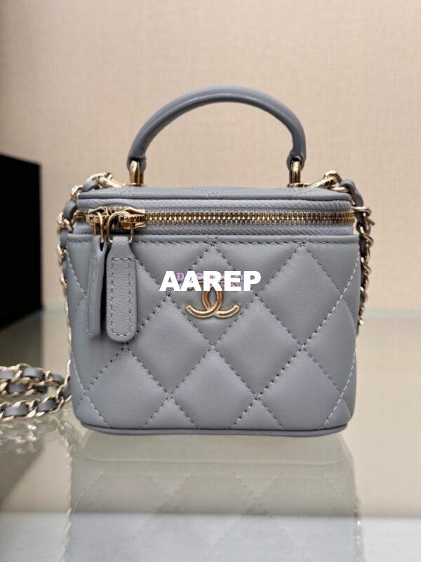 Replica Chanel New 24A SLG Lambskin Small Vanity With Chain and Top Handle Bag AP2198 Light Grey 4