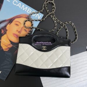Replica Chanel 24C 31 Mini Shopping Bag Chain Clutch Shiny Lambskin & Gold-Tone Metal AS3656 White & Black
