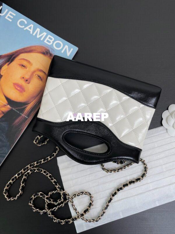 Replica Chanel 24C 31 Mini Shopping Bag Chain Clutch Shiny Lambskin & Gold-Tone Metal AS3656 White & Black 8