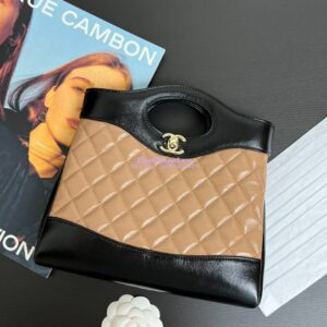 Replica Chanel Medium 31 Shopping Bag in Shiny Lambskin AS4853 Dark Beige & Black