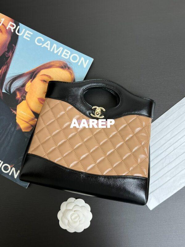 Replica Chanel Medium 31 Shopping Bag in Shiny Lambskin AS4853 Dark Beige & Black