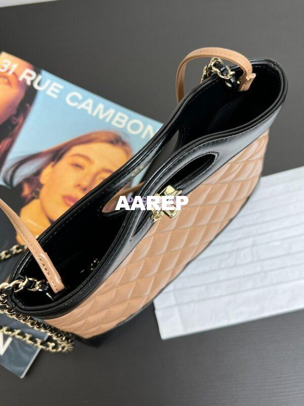 Replica Chanel Medium 31 Shopping Bag in Shiny Lambskin AS4853 Dark Beige & Black 2