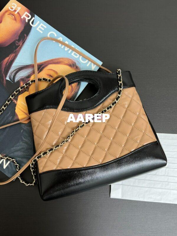 Replica Chanel Medium 31 Shopping Bag in Shiny Lambskin AS4853 Dark Beige & Black 6