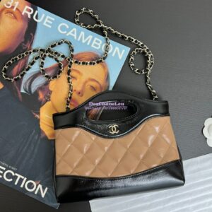 Replica Chanel 24C 31 Mini Shopping Bag Chain Clutch Shiny Lambskin & Gold-Tone Metal AS3656 Dark Beige & Black