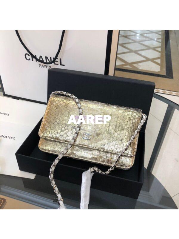 Replica Chanel Classic Wallet On Chain WOC in Python Leather 33814 Champagne Gold 9