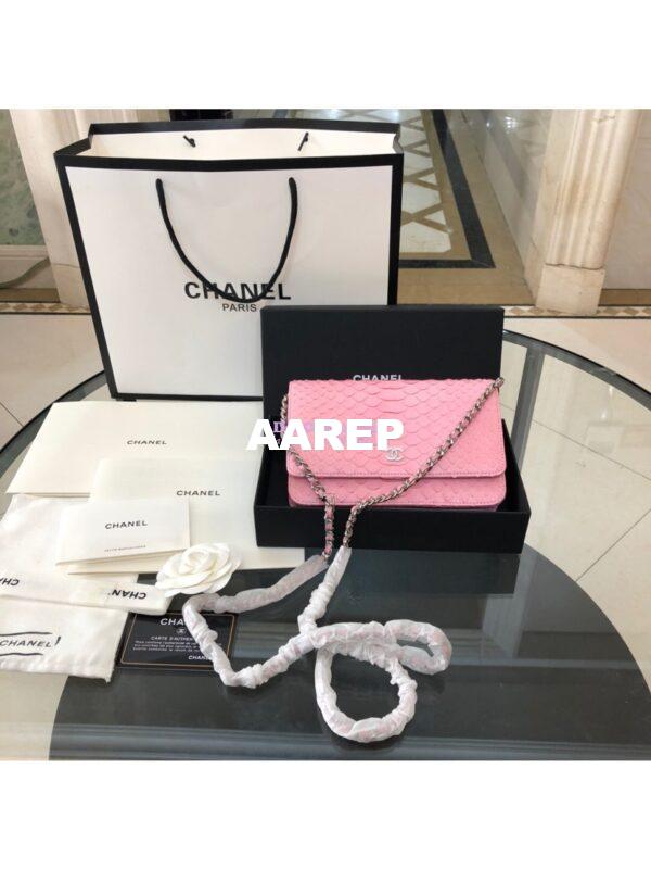 Replica Chanel Classic Wallet On Chain WOC in Python Leather 33814 Pink 3