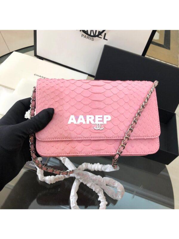 Replica Chanel Classic Wallet On Chain WOC in Python Leather 33814 Pink 4