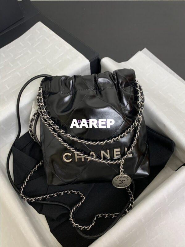 Replica Chanel Mini 22 Handbag Shiny Calfskin & Silver Metal AS3980 Black 1 2