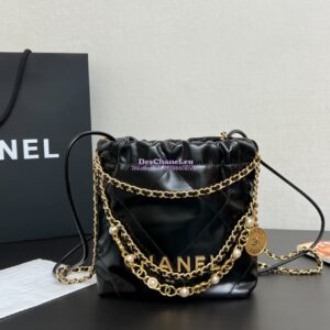 Replica Chanel Mini 22 Handbag Shiny Calfskin & Silver Metal AS3980 with Pearls Embelished