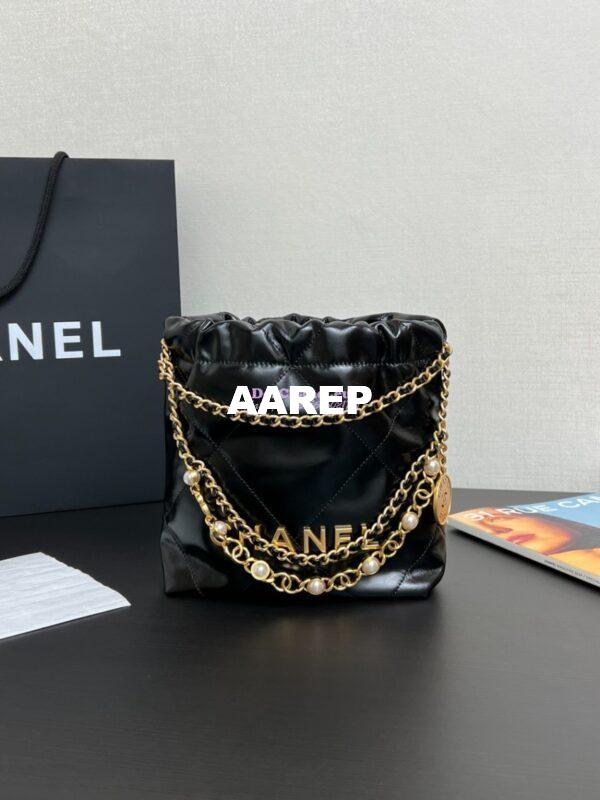 Replica Chanel Mini 22 Handbag Shiny Calfskin & Silver Metal AS3980 with Pearls Embelished 5