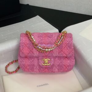 Replica Chanel 24P Limited Edition Tweed Quilted Pearl Twist Mini Square Flap AS4385 Pink