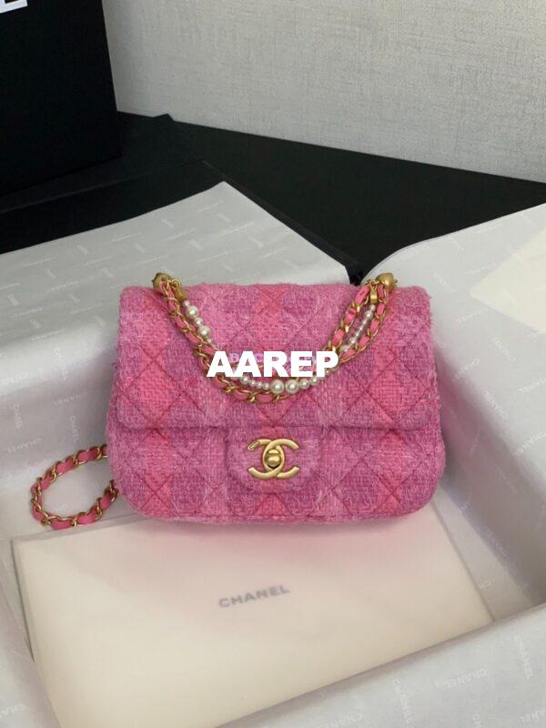 Replica Chanel 24P Limited Edition Tweed Quilted Pearl Twist Mini Square Flap AS4385 Pink 3