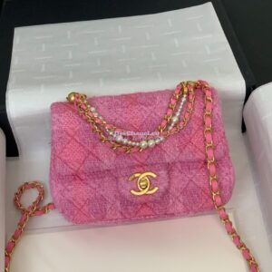 Replica Chanel 24P Limited Edition Tweed Quilted Pearl Twist Mini Square Flap AS4385 Pink 2