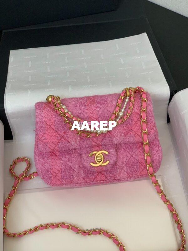 Replica Chanel 24P Limited Edition Tweed Quilted Pearl Twist Mini Square Flap AS4385 Pink 4