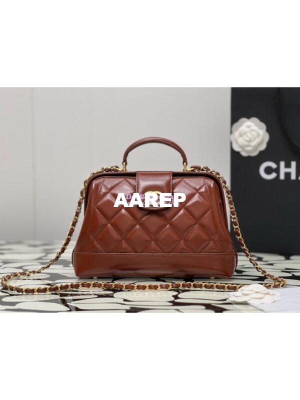 Replica Chanel 24P Shiny Lambskin Small Bag With Top Handle AS4959 Brown 4
