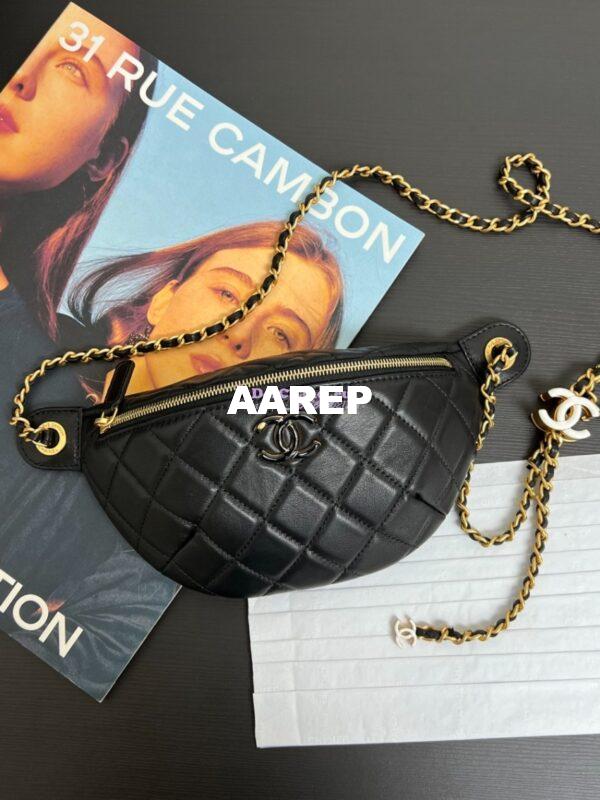 Replica Chanel 24SS Waist Bag in Shiny Lambskin and Enamel AP4113 Black 4