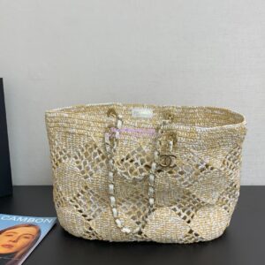 Replica Chanel 24P Small Tote Raffia Effect Braided AS4714 Beige & White