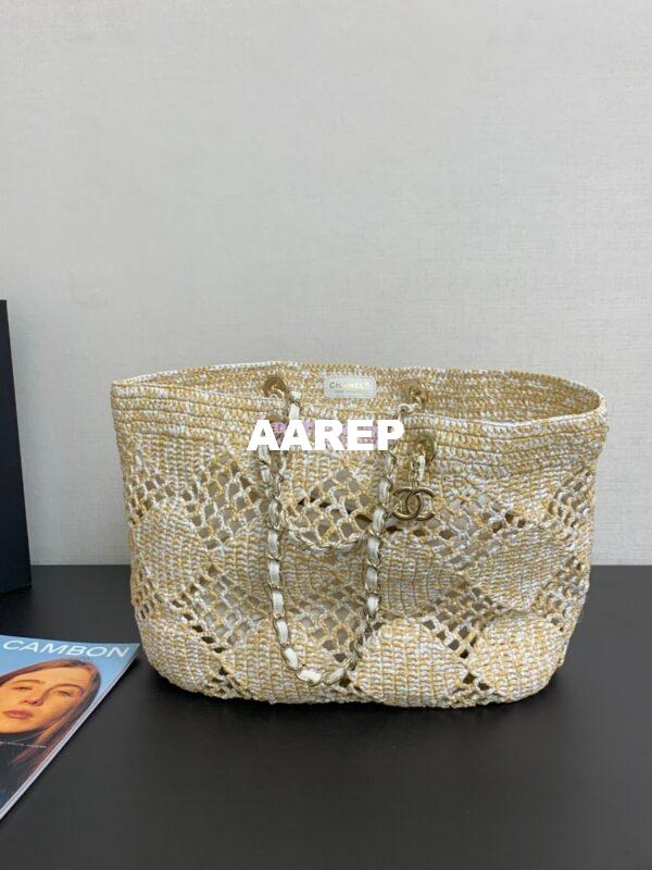 Replica Chanel 24P Small Tote Raffia Effect Braided AS4714 Beige & White 3
