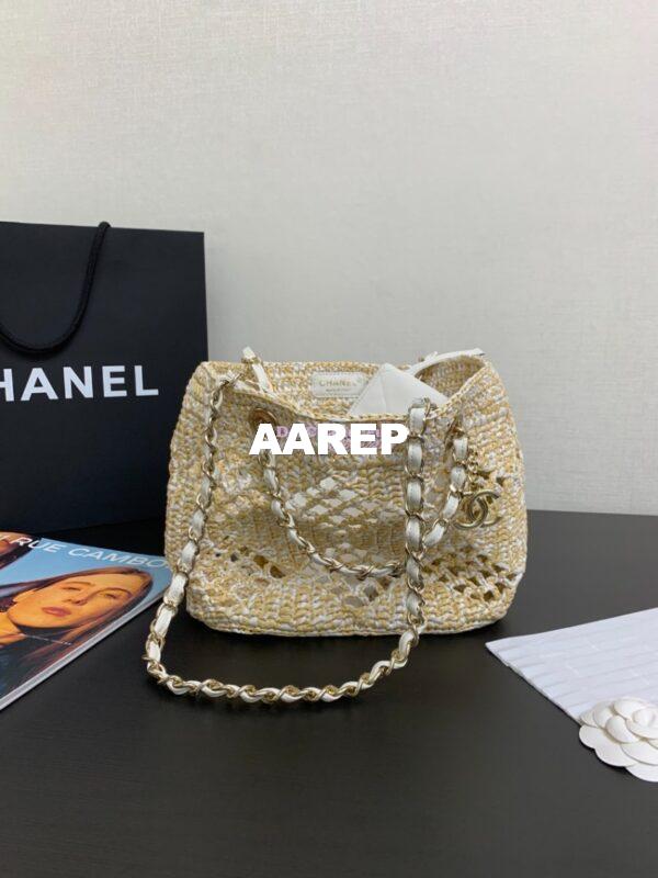 Replica Chanel 24P Small Tote Raffia Effect Braided AS4714 Beige & White 12