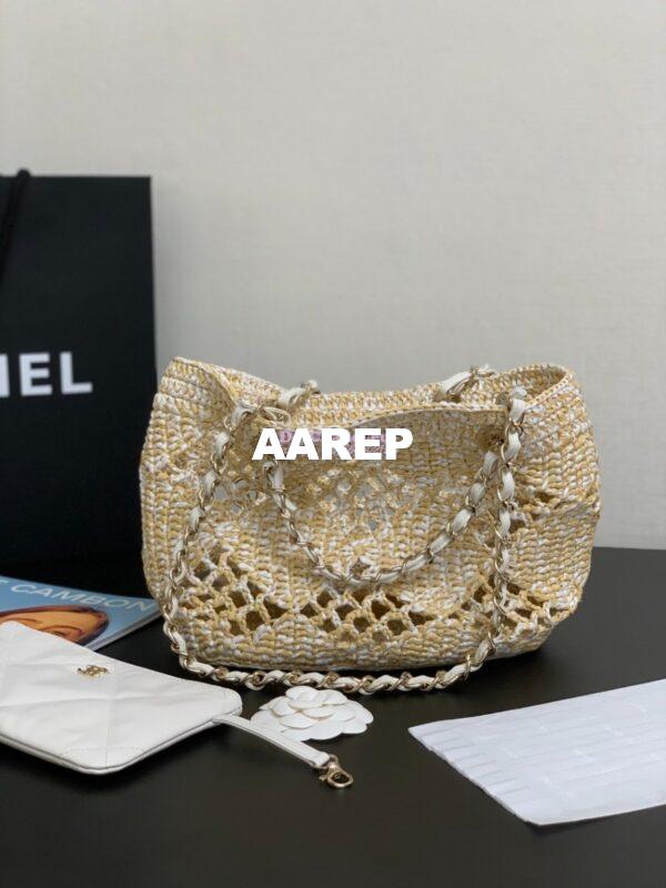 Replica Chanel 24P Small Tote Raffia Effect Braided AS4714 Beige & White 13