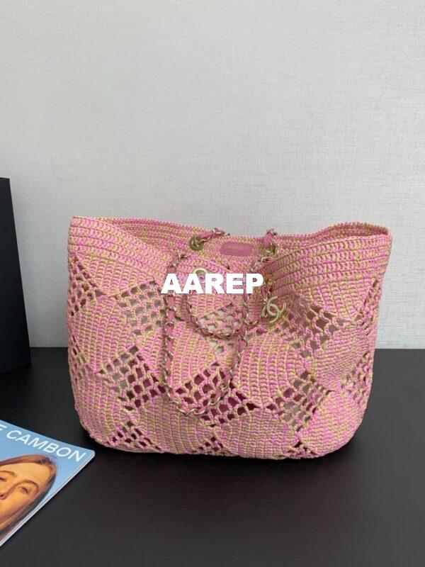 Replica Chanel 24P Small Tote Raffia Effect Braided AS4714 Beige & Pink 3