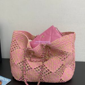 Replica Chanel 24P Small Tote Raffia Effect Braided AS4714 Beige & Pink 2