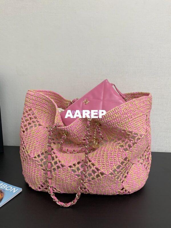 Replica Chanel 24P Small Tote Raffia Effect Braided AS4714 Beige & Pink 4