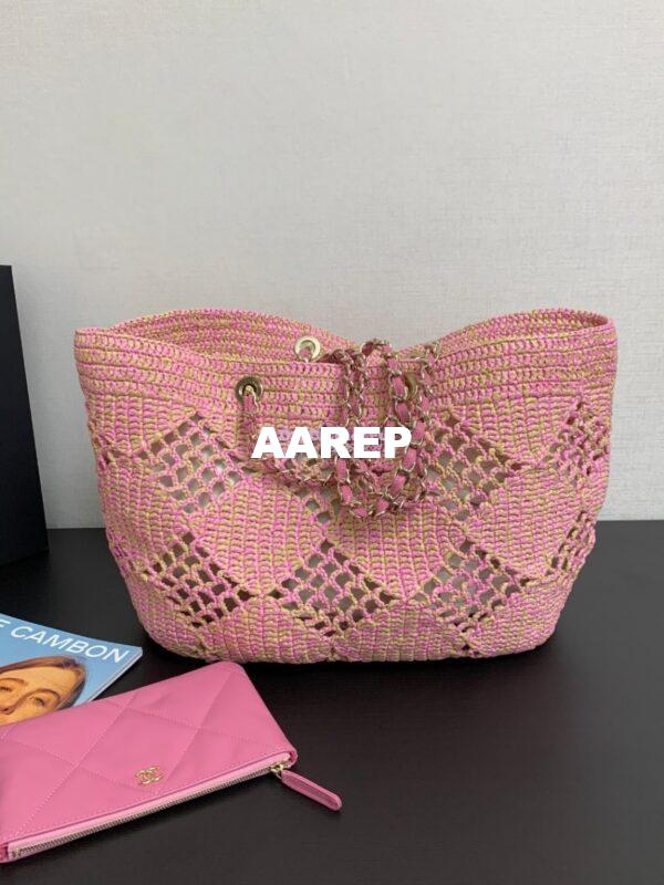 Replica Chanel 24P Small Tote Raffia Effect Braided AS4714 Beige & Pink 10