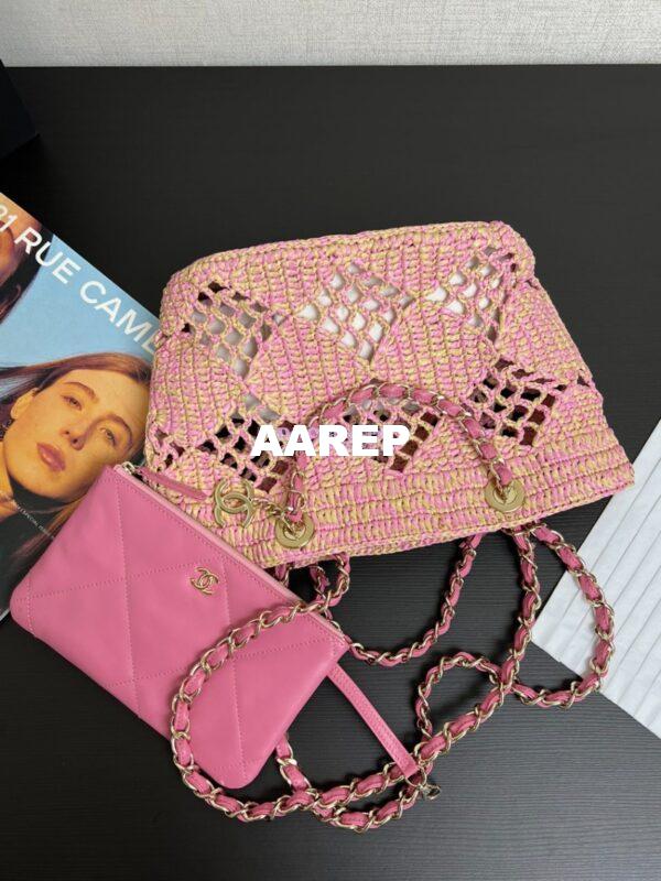 Replica Chanel 24P Small Tote Raffia Effect Braided AS4714 Beige & Pink 15