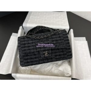 Replica Chanel 24SS CF A01112 Classic Flap Bag Qulited Printed Denim & Ruthenium-Finish Metal Black & Gray