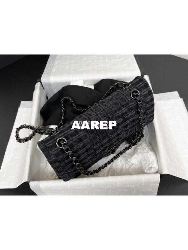 Replica Chanel 24SS CF A01112 Classic Flap Bag Qulited Printed Denim & Ruthenium-Finish Metal Black & Gray 7