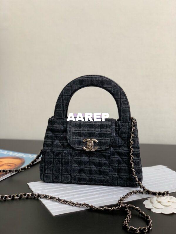 Replica Chanel Mini Shopping Bag Printed Denim & Ruthenium-Finish Metal Black & Gray AS4416