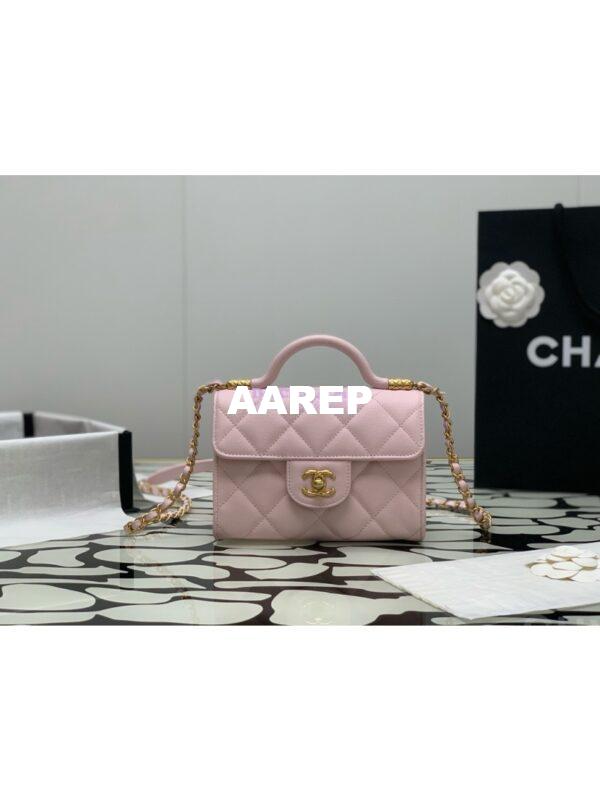 Replica Chanel 24A Mini Flap Bag With Top Handle Grained Calfskin AS4956 Light Pink Limited Edition 2