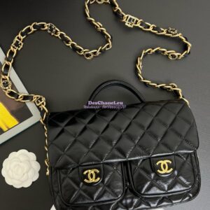 Replica Chanel 24A Double Pocket Messenger Bag in Shiny Lambskin AS4993 Limited Edition Black