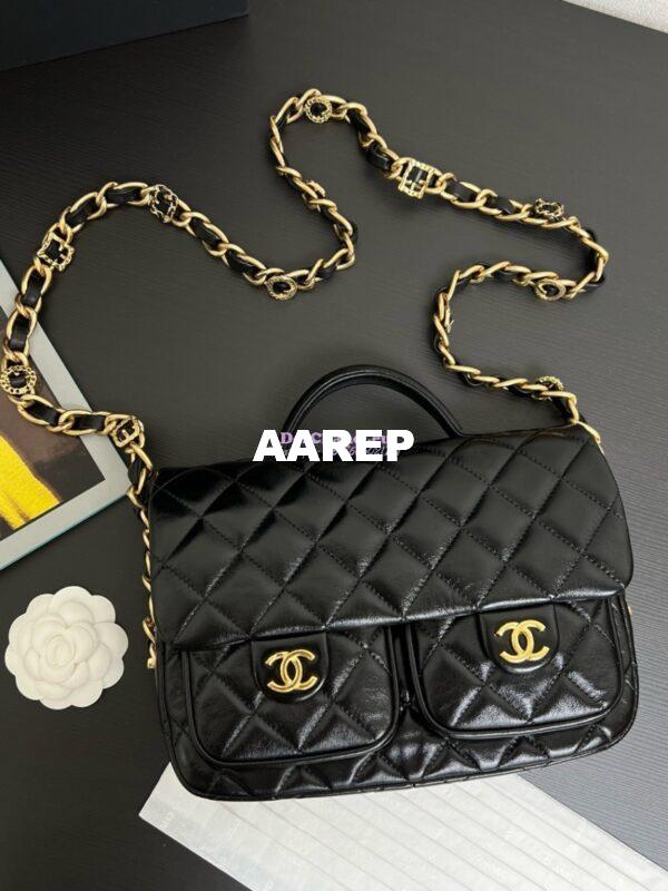 Replica Chanel 24A Double Pocket Messenger Bag in Shiny Lambskin AS4993 Limited Edition Black